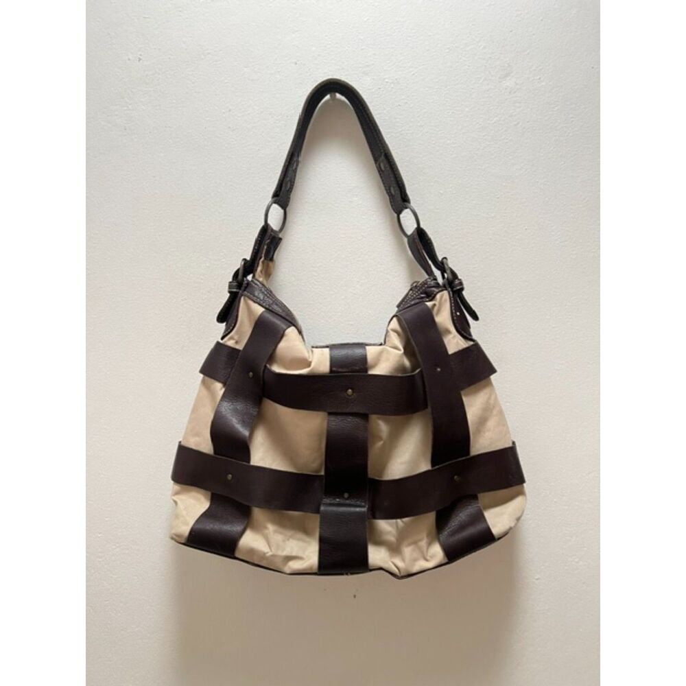 HARA Colombian Genuine Leather Trim Shoulder Bag Beige Brown Equestrian Style